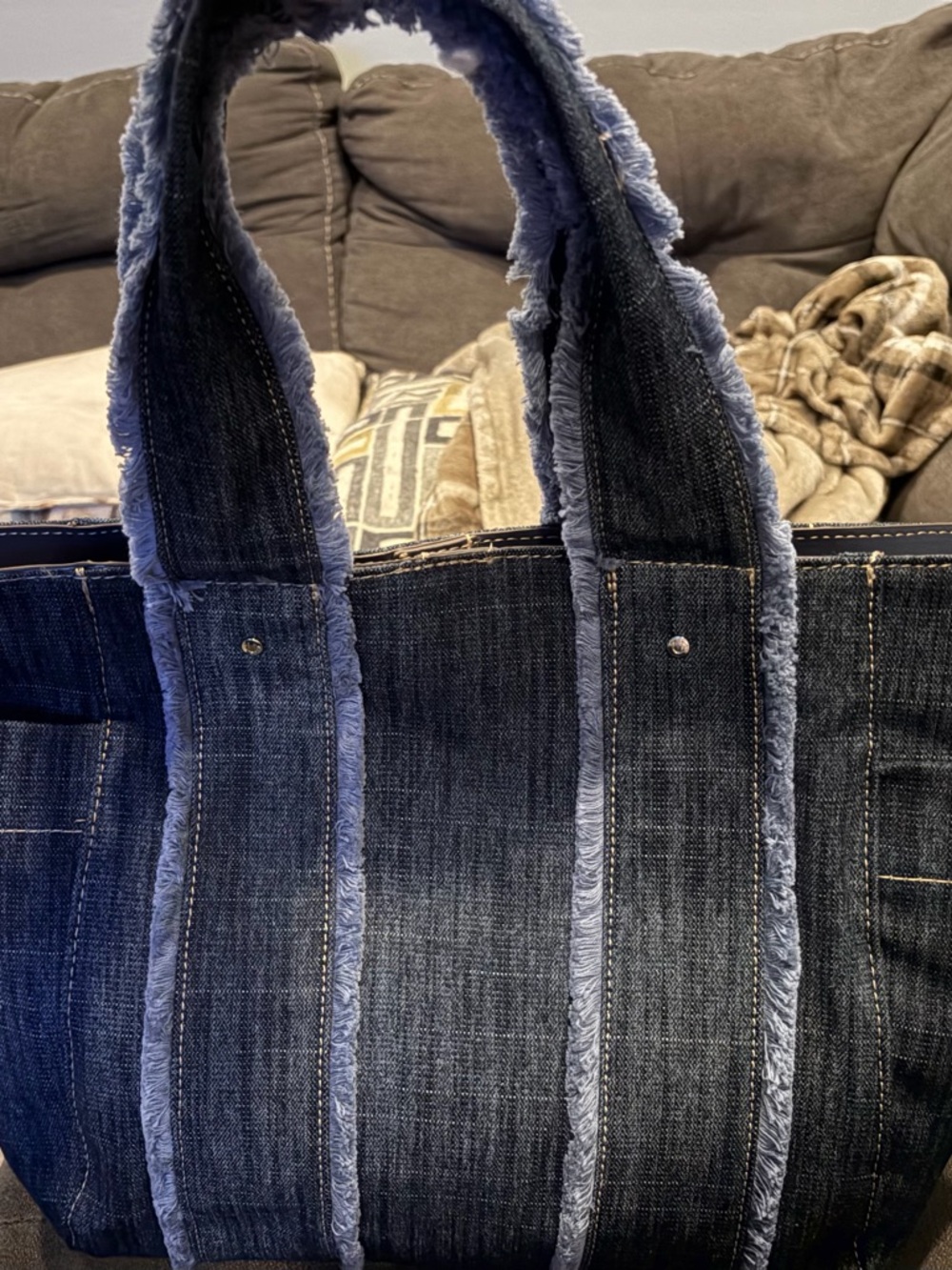 True Religion Dark Denim Tote Bag with Shearling Trim - Picture 3 of 10